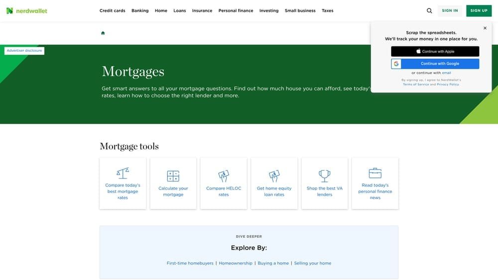 Screenshot of NerdWallet Mortgage website