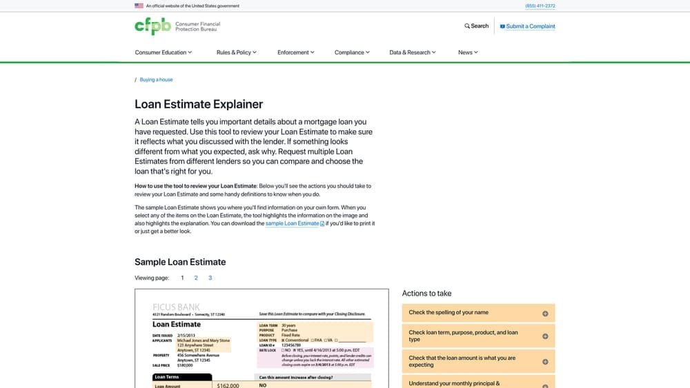 Screenshot of CFPB Loan Estimate Explainer Tool website
