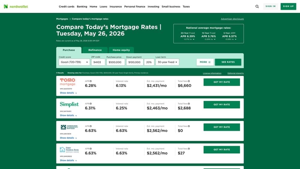 Screenshot of NerdWallet Mortgage Rate Tool website