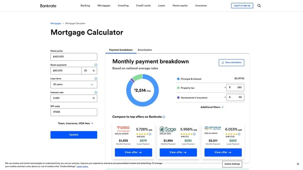 Screenshot of Bankrate Mortgage Pre-Qualification Calculator website