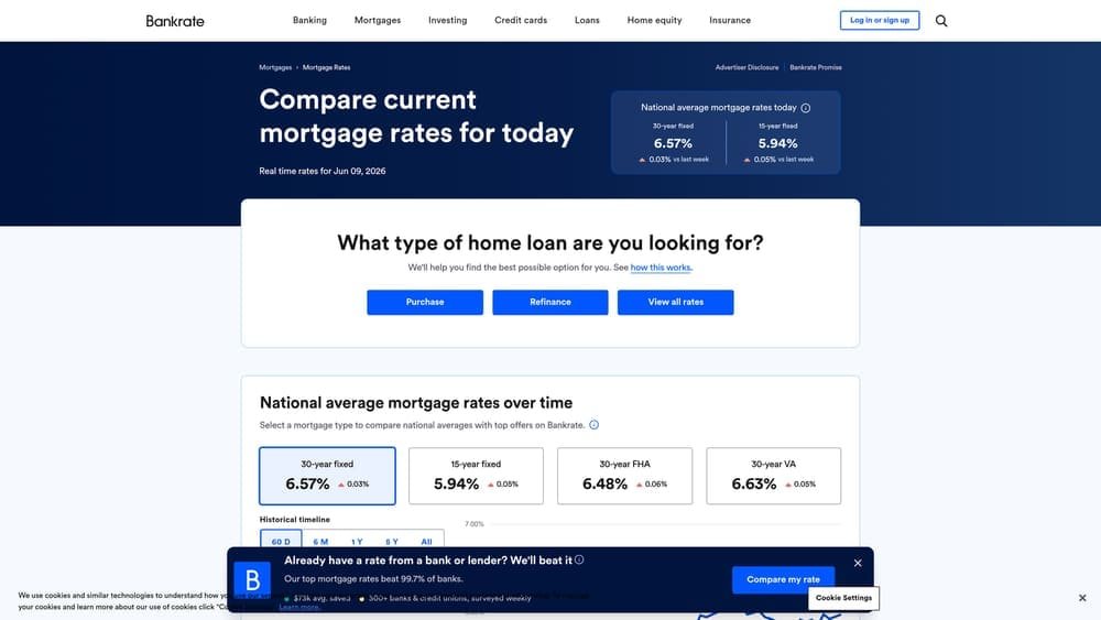 Screenshot of Bankrate Mortgage Rate Comparison website