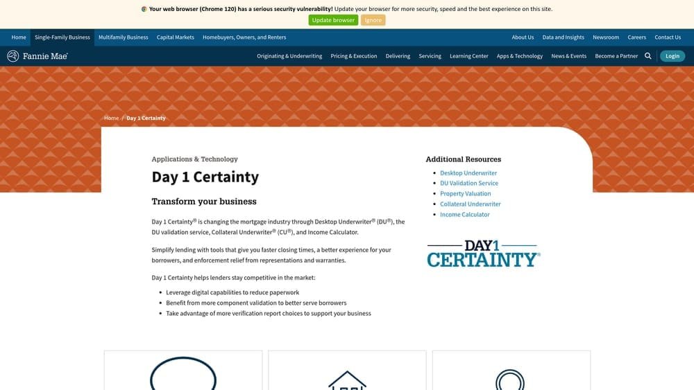 Screenshot of Fannie Mae Day 1 Certainty website