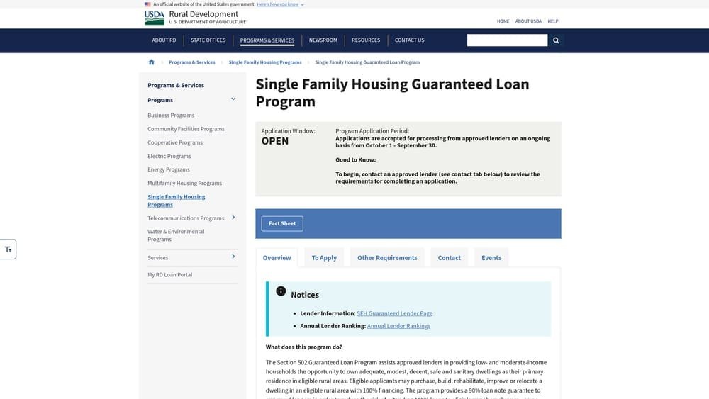 Screenshot of USDA Rural Development Guaranteed Loan Program website