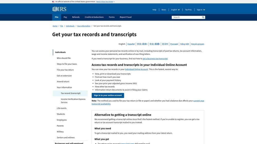 Screenshot of IRS Get Transcript website